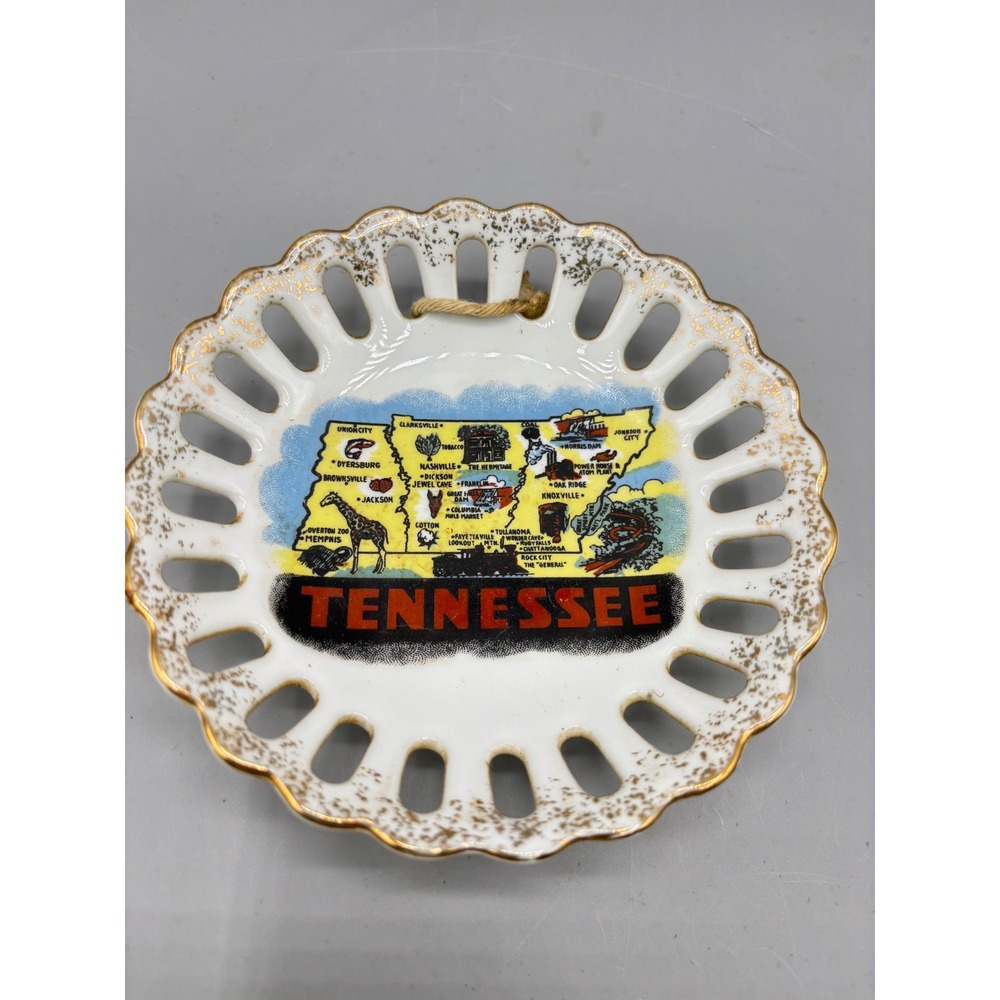 Vintage Tennessee Souvenir Plate Map Graphic Reticulated Gold Trim 4.5 Inch